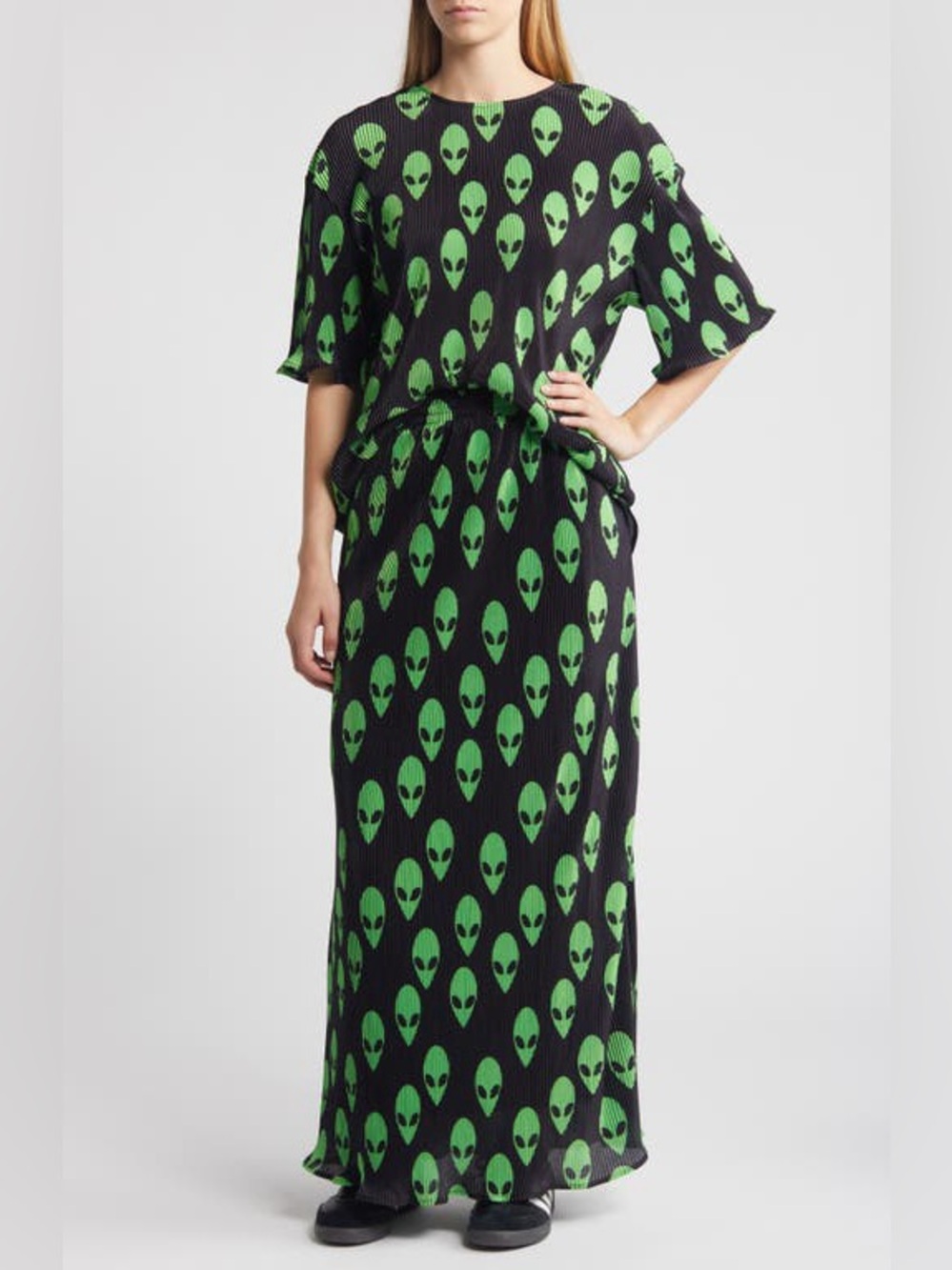 Dressed in LALA Black Maxi Dress with Green Alien Print